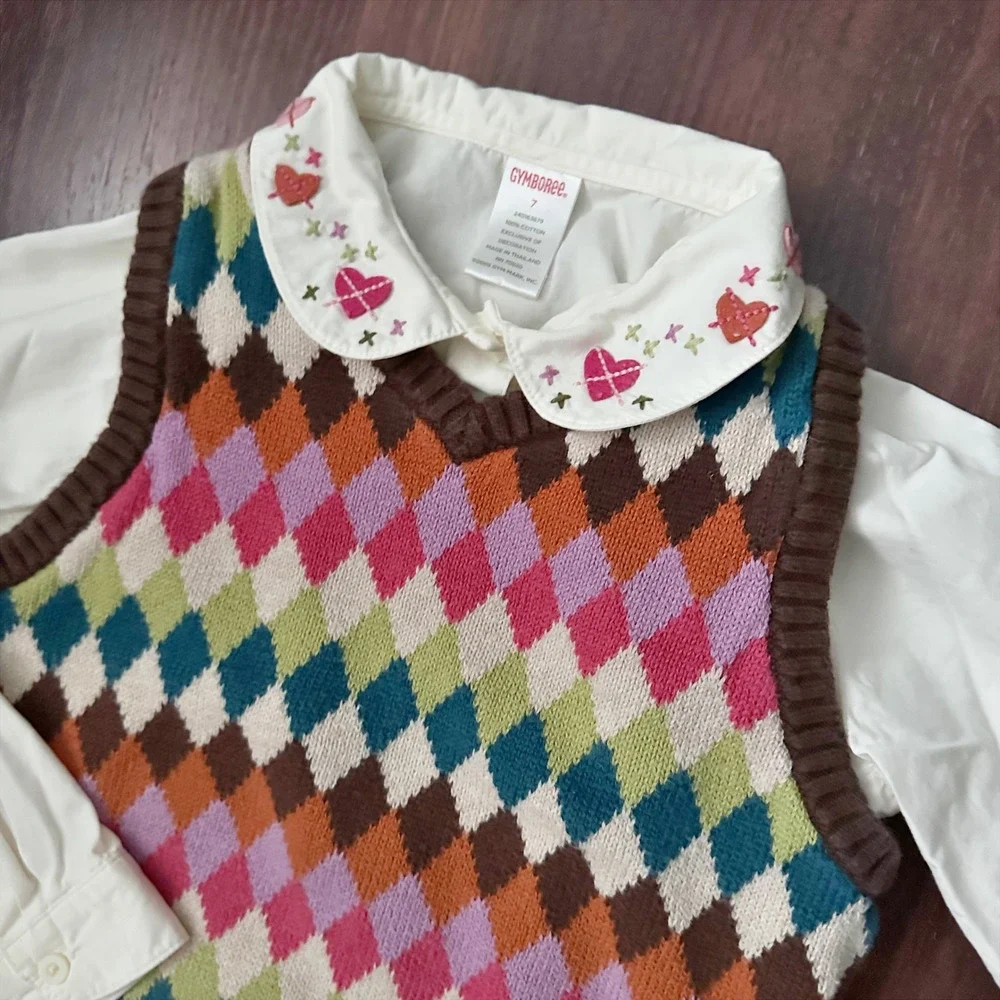 Gymboree 2-piece Cotton Long Sleeve Button Up Shirt & Sweater Vest Set Girls 7